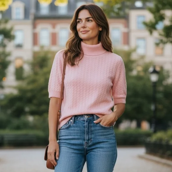 100%Pure Cashmere Light Pink Crop Top Sweater Turtleneck Textured Spring Luxury